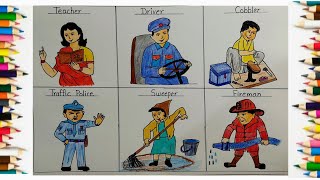 How to draw and color community helpers l community helpers drawing step by step for school project [upl. by Eada]