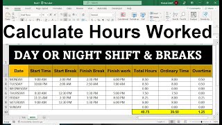 Excel Timesheet and Overtime Calculate  shift work Day o Night Shift amp Breaks [upl. by Nosral]