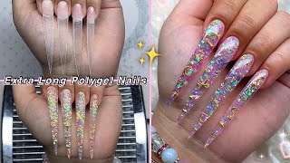 EXTRA LONG GLITTER POLYGEL NAILS✨ STILETTO NAILS amp MOON CHARMS DESIGN  Nail Tutorial [upl. by Solis]