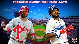 PHILLIES SWEEP THE BLUE JAYS KYLE SCHWARBER HOMERS AGAIN BRYCE HARPER ELBOW CONTUSION [upl. by Anwahsak]