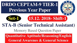 DRDO Ceptam 9 Tier1 previous year question paper 15122018  Shift1  DRDO STA B Question Paper [upl. by Yehc990]