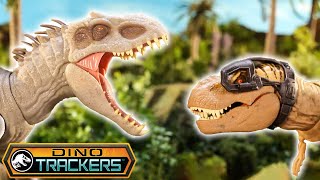 Tyrannosaurus rex Battles the Indominus rex  Jurassic World Dino Trackers [upl. by Asilrahc]