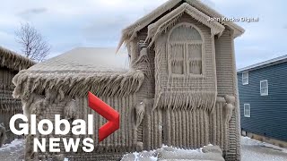 Lake Erie homes covered in ice after being battered by gale force winds and waves [upl. by Nocaj193]