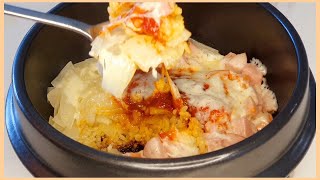 Korean Stone Bowl Cheese Rice  Dolsot Cheese Rice  Simple Recipe [upl. by Doerrer]