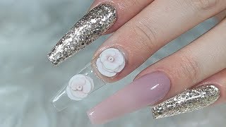 ACRYLIC NAILS WITH 3D ROSES AND OMBRÉ [upl. by Boykins690]