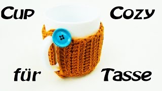 Cup cozy HÄKELN für Tasse  mit Knopf befestigt  praktisch  Häkelideen  Häkeltipps [upl. by Anitan487]