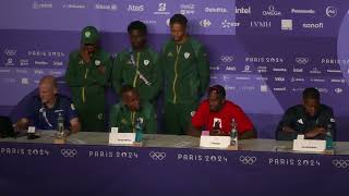 CANADA WINS 4X100M RELAY OLYMPIC GOLD SOUTH AFRICA SILVER TEAM USA DISQUALIFIED  PRESS CONFERENCE [upl. by Card689]