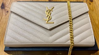 YSL Classic CASSANDRE Chain Wallet in Grain de POUDRE Leather 2024  Dark Beige Unboxing [upl. by Larkin559]