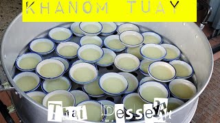 Eating Khanom Tuay  Steamed Coconut Milk Pudding [upl. by Angelika]