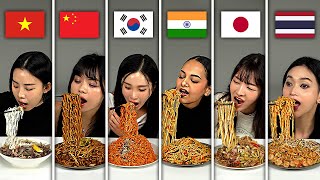 6 Asians Try Each Other Noodle For the First time India Korea Vietnam China Japan Thailand [upl. by Yadrahs]