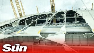 Storm Eunice  O2 Arena has roof torn off by fierce 122mph winds [upl. by Ellirehs558]