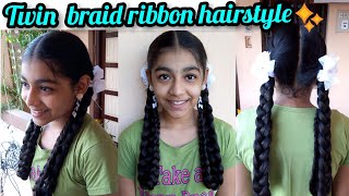 Twin ribbon braid hairstyle for school studentsBack to school hairstyleIndian school hairstyle [upl. by Berkow]