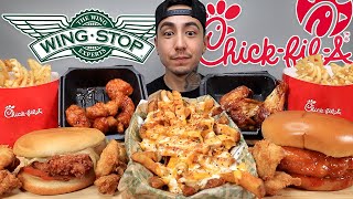 MUKBANG EATING Chick Fil A Deluxe Sandwich SAUCY Voodoo Fries Wingstop Mango Habanero Sandwich [upl. by Annovaj645]