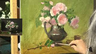 Time Lapse Painting Pink Roses in Silver Pitcher with Elizabeth Robbins [upl. by Rotberg]