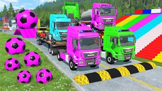 Double Flatbed Trailer Truck vs Speedbumps Train vs Cars  Tractor vs Train BeamngDrive 0210 [upl. by Ahsinor871]