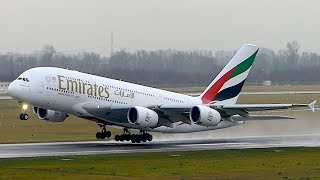 Emirates Airbus A380800 rainy takeoff at Düsseldorf Intl Airport [upl. by Ailana]