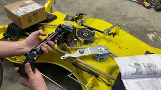 John Deere 54HC Mower Deck  Front Gauge Wheel  Driveshaft Install [upl. by Pravit]