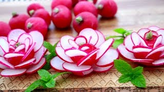 Red Radish Flowers  Flower Roses Garnish  Fruit amp Vegetable Carving amp Cutting Garnish [upl. by Assetak36]