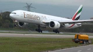 HD Emirates Boeing 777300ER landing at GenevaGVALSGG [upl. by Ariait]