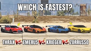 GTA 5 ONLINE  THRAX VS EMERUS VS KRIEGER VS ZORRUSSO WHICH IS FASTEST UNRELEASED CARS [upl. by Chancey583]