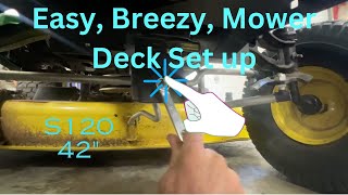 How to adjust a 42inch mower deck on a S100 Series John Deere Lawn Tractor mower S130 level setup [upl. by Reger]