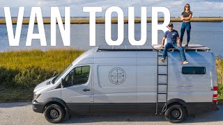 DIY VAN TOUR  FullTime Travel Couple  Shower Roof Deck and Convertible Bed  Van Life [upl. by Trygve]