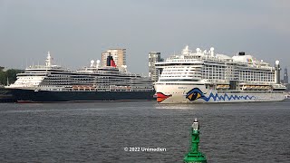 Queen Victoria amp AIDAperla  awesome horn battle between CUNARD and AIDA Cruises ship in Hamburg 4K [upl. by Dnomasor]