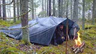 Tarp Camping in the Rain  Finding Fatwood  3 Days Bushcraft Trip [upl. by Einhpets]