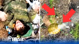 Russian soldier surrenders after Ukraine drone destroys trench with grenades near Bakhmut [upl. by Hauge899]