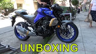 unboxing blue 2020 YAMAHA MT03 [upl. by Bonnibelle630]