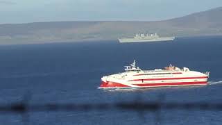 THE PENTALINA CATAMARAN PASSING HMS ARK ROYAL IN SCAPA FLOW [upl. by Eedissac]