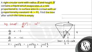 A right circular cone with radius R and height H contains a liquid which evaporates at a rate pr [upl. by Ycniuq]