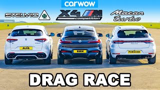 BMW X4M v Porsche Macan Turbo v Alfa Stelvio QV DRAG RACE [upl. by Tiphane]