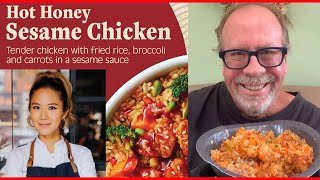 Chef Esther Choi  Hot Honey Sesame Chicken with Fried Rice  Taste Test amp Review  JKMCraveTV [upl. by Ehtnax286]