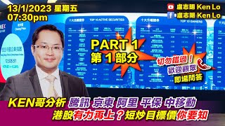 盧志明 Ken Lo  直播室  KEN哥分析騰訊 京東 阿里 平保 中移動 港股有力再上？短炒目標價你要知  20230113  PART 1 第一部分 [upl. by Reifinnej]