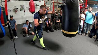 VASYL LOMACHENKO WORKING THE HEAVYBAG WITH BODY SHOT COMBINATIONS AHEAD OF JORGE LINARES FIGHT [upl. by Giark]