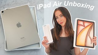 New iPad Air M2 Unboxing starlight  accessories amp alternative pencil  setup first impression [upl. by Zirkle]