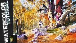 Autumn Stroll Easy Watercolor Landscape Painting I Watercolor Painting for Beginners I [upl. by Neggem]