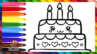 Zeichne und male eine Geburtstagstorte 🎂❤️🧡💛💚💙💜🌈 Zeichnungen für Kinder [upl. by Nonnel]