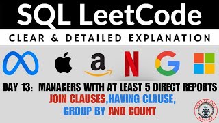 Day 13  JOIN HAVING GROUP BY and COUNT Explained in Hindi  Managers with 5 Direct Reports [upl. by Llerret]