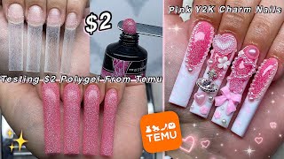 TESTING 2 POLYGEL FROM TEMU✨ PINK Y2K POLYGEL NAILS amp KAWAII CHARMS DESIGN  Nail Tutorial [upl. by Nnaeirb]