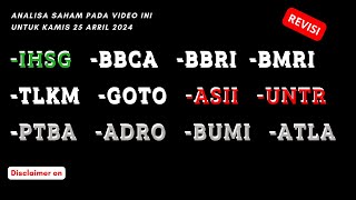 Analisa Saham 25 April 2024 IHSG BBCA BBRI BMRI TLKM GOTO ASII UNTR PTBA ADRO BUMI ATLA [upl. by Nnylesor552]