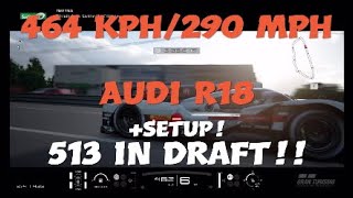 Audi R18 464 kph Top Speed  513 kph in draft Setup  Gran Turismo Sport [upl. by Etiuqal]