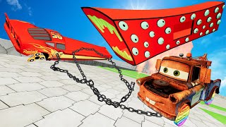 Long amp big chained Cars McQueen and Mater vs Train Eater Downhill without brakes BeamNGDrive [upl. by Sedecram]