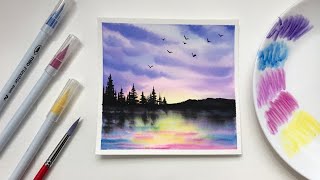 Forest Sunset Watercolor Painting for Beginners  Using Brush Pens [upl. by Ybeloc]