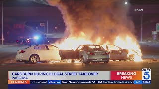 Illegal street takeover ends in fiery mess in San Fernando Valley [upl. by Diann]