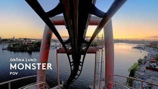 POV of Monster at Gröna Lund Beautiful sunset with parks lights 5k Mounted New 2021 BampM Invert [upl. by Neomah]