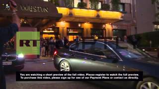 Italy President Putin departs Milans Westin Hotel following talks [upl. by Junie6]