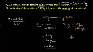 Concentration of a solutionWorked Problem  Solutions  Chemistry  Khan Academy [upl. by Charmane]