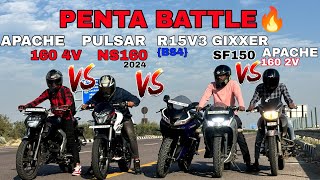 R15V3 BS4 VS NS160 2024 VS APACHE RTR 160 4V VS 160 2V VS GIXXER SF150🔥DRAG RACE 💥PENTA BATTLE 💥 [upl. by Prosper]